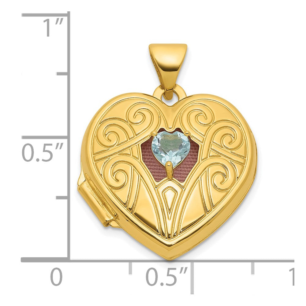 14K Yellow Gold Polished Blue Topaz December Birthstone 18mm Heart Locket