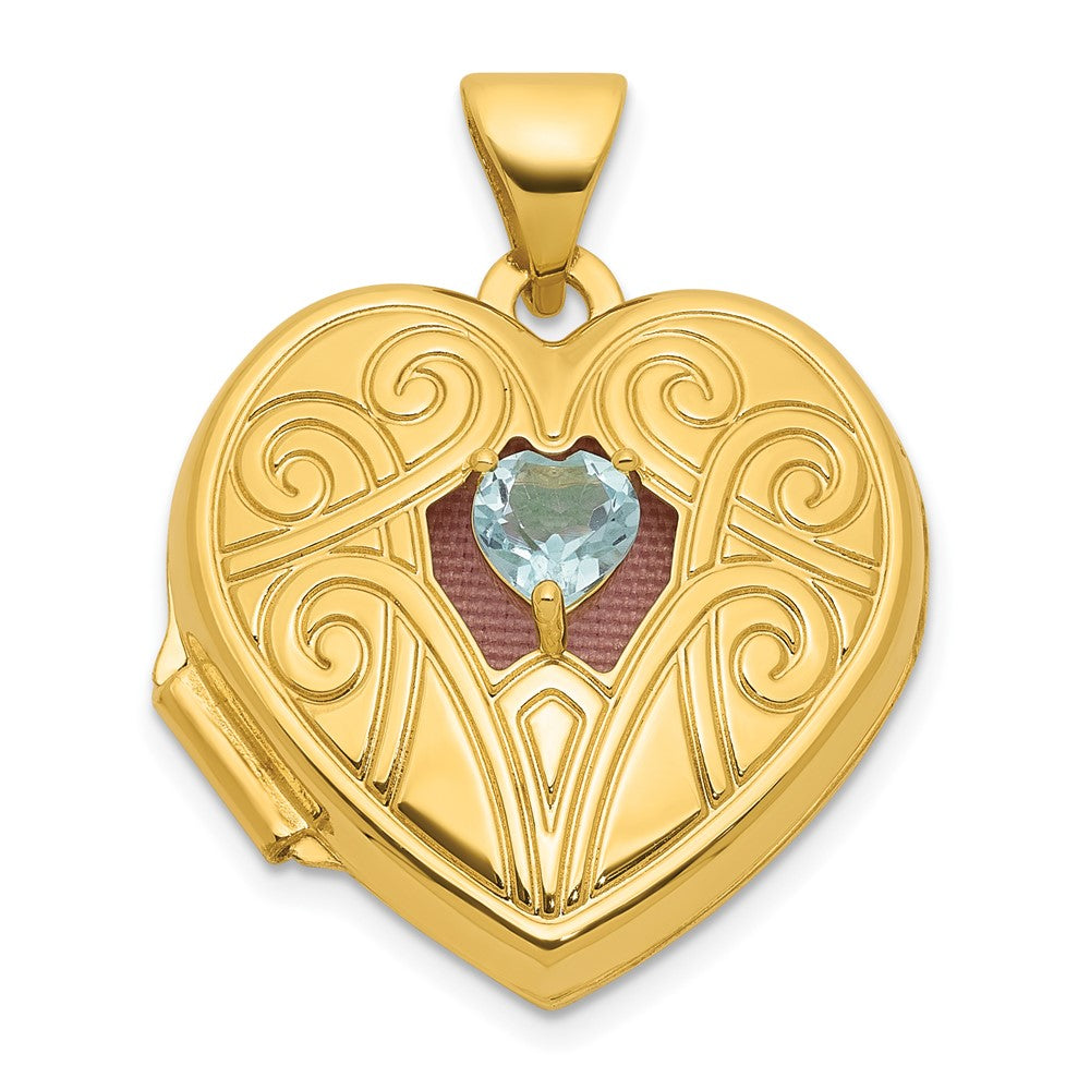 14K Yellow Gold Polished Blue Topaz December Birthstone 18mm Heart Locket