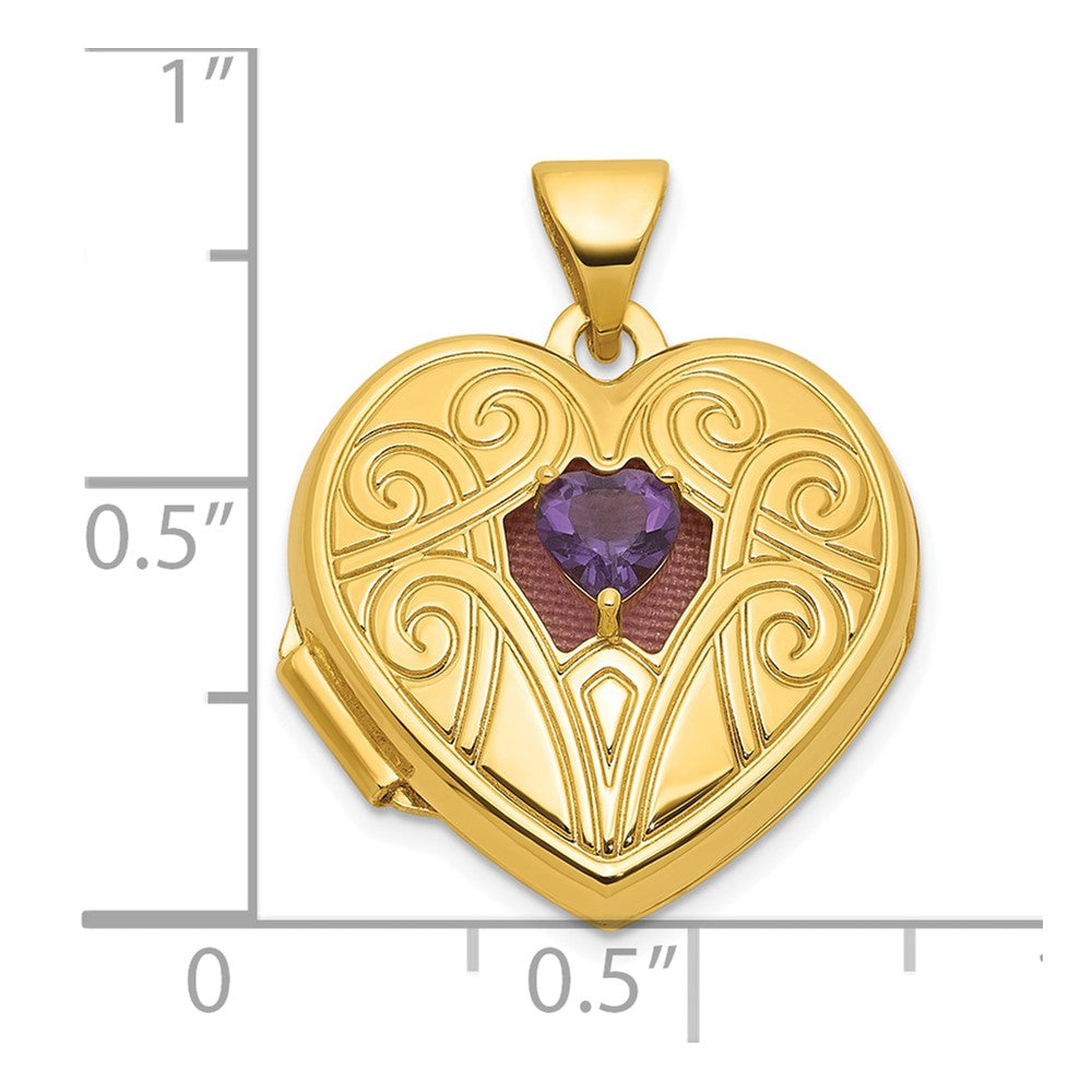 14K Yellow Gold Polished Amethyst February Birthstone 18mm Heart Locket