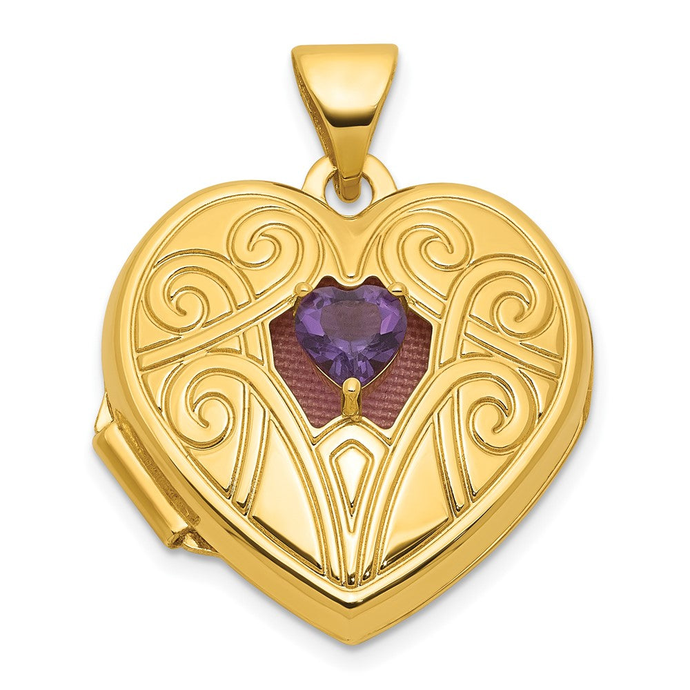 14K Yellow Gold Polished Amethyst February Birthstone 18mm Heart Locket