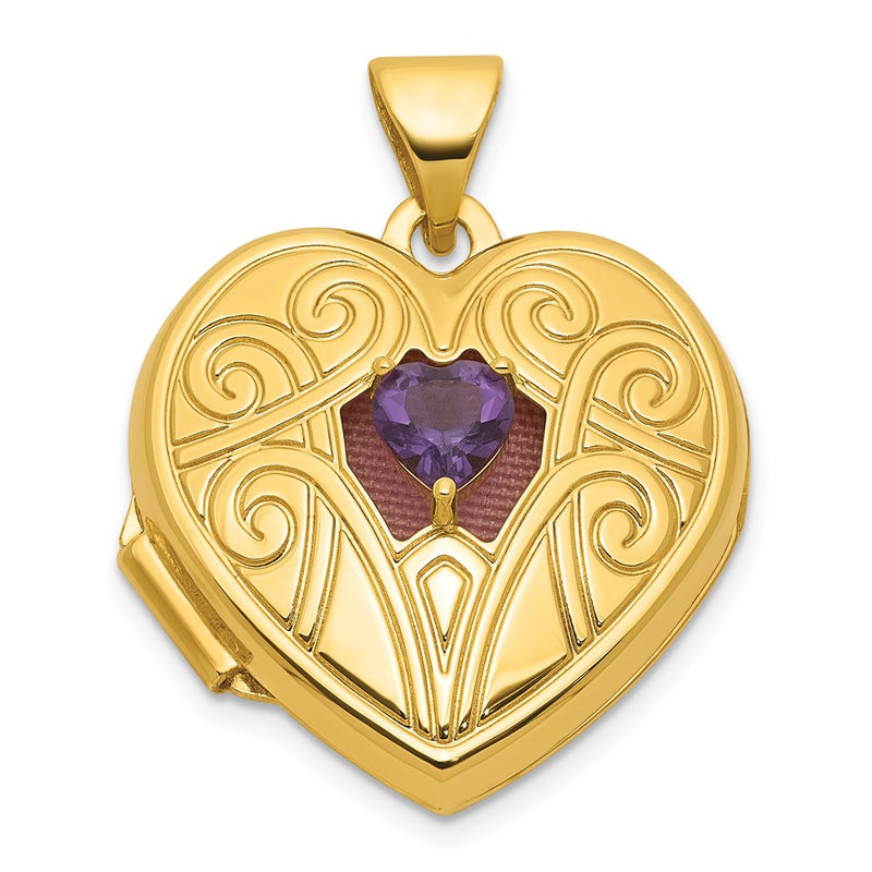 14K Yellow Gold Polished Amethyst February Birthstone 18mm Heart Locket
