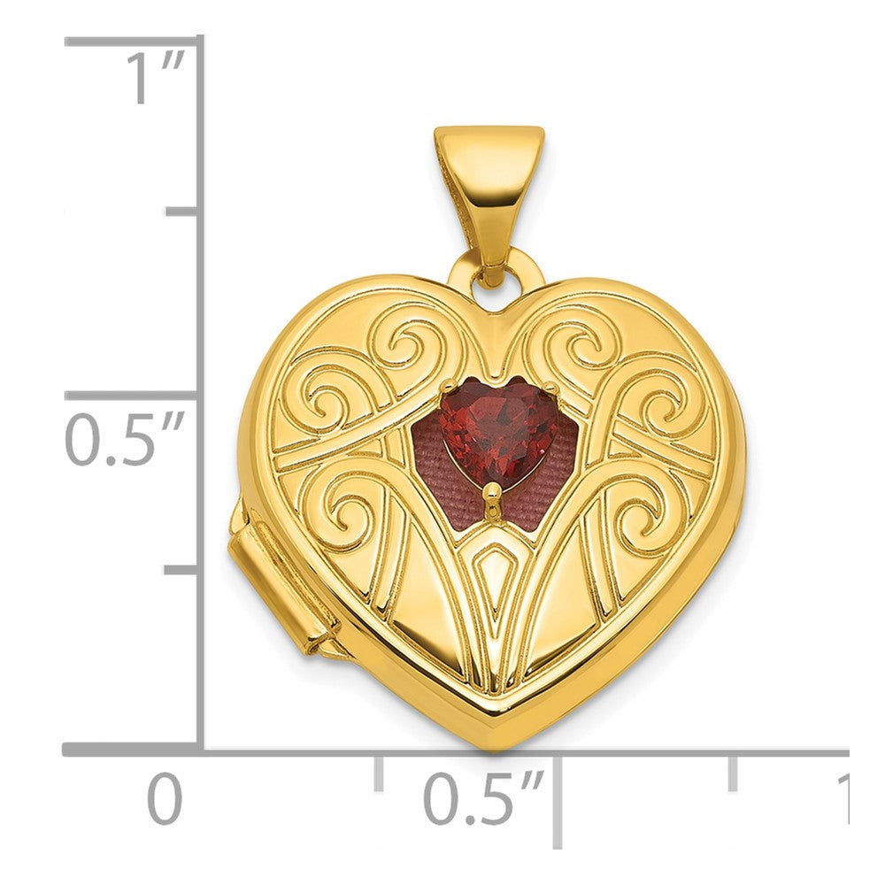 14K Yellow Gold Polished Garnet January Birthstone 18mm Heart Locket