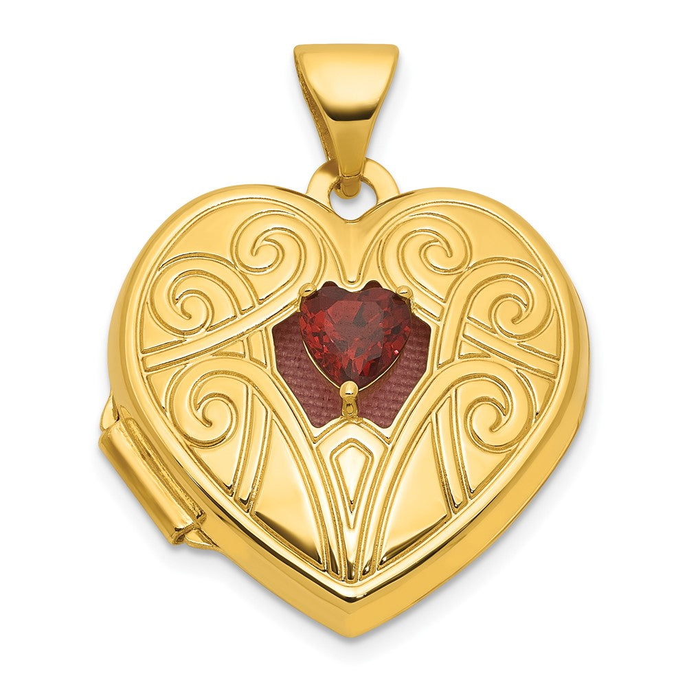 14K Yellow Gold Polished Garnet January Birthstone 18mm Heart Locket