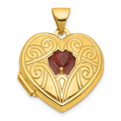 14K Yellow Gold Polished Garnet January Birthstone 18mm Heart Locket