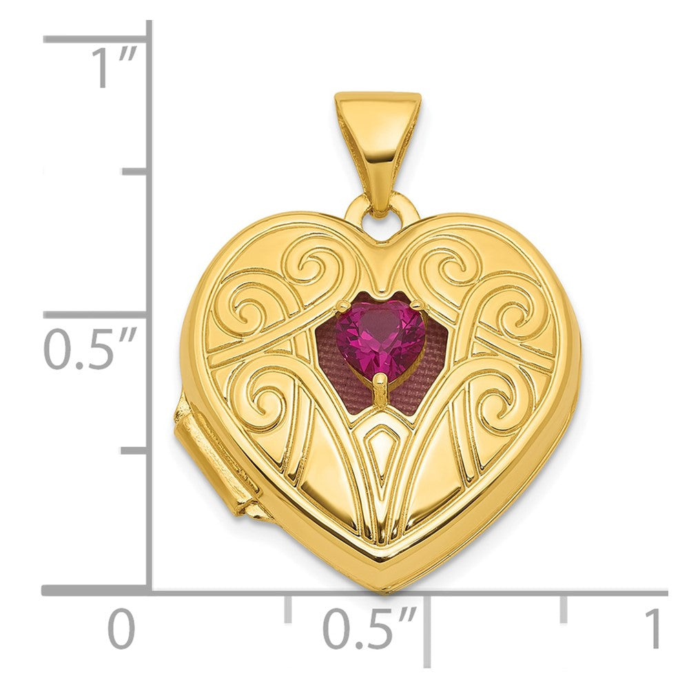 14K Yellow Gold Polished Lab Created Ruby July Birthstone 18mm Heart Locket