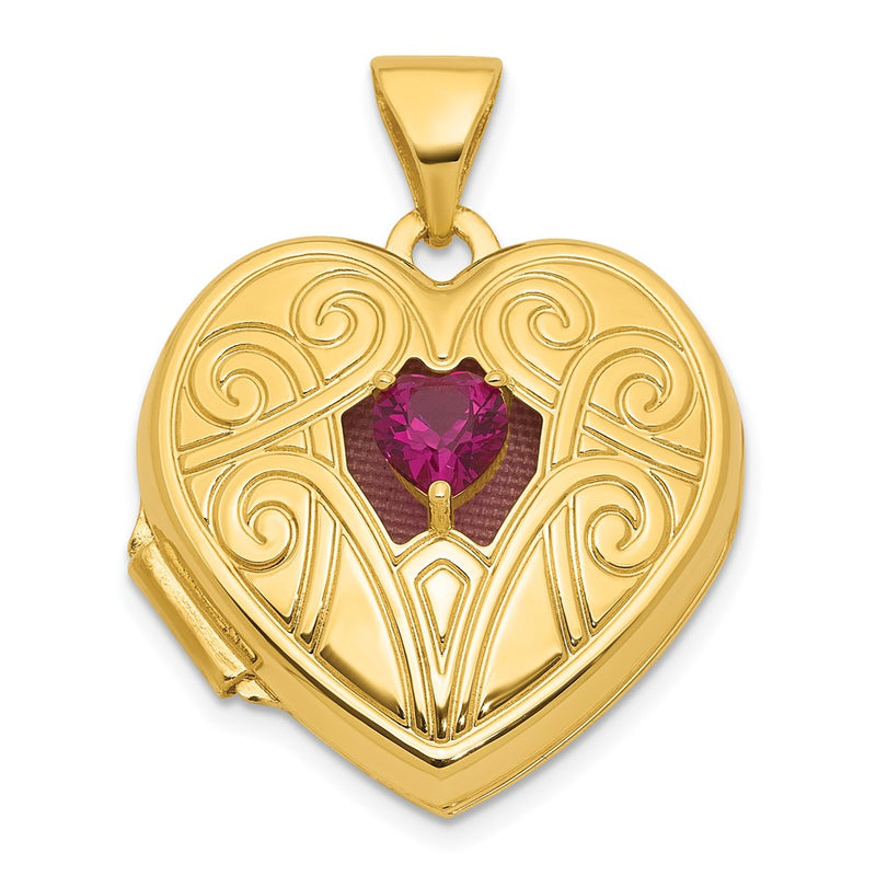 14K Yellow Gold Polished Lab Created Ruby July Birthstone 18mm Heart Locket