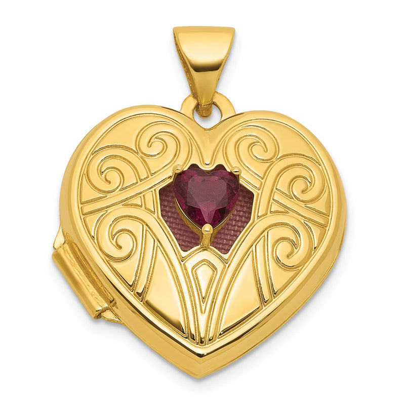 14K Yellow Gold Polished Rhodolite Garnet June Birthstone 18mm Heart Locket