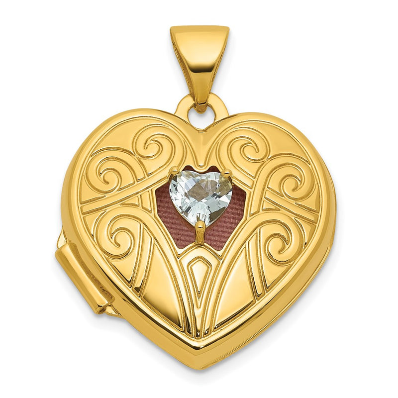 14K Yellow Gold Polished Aquamarine March Birthstone 18mm Heart Locket