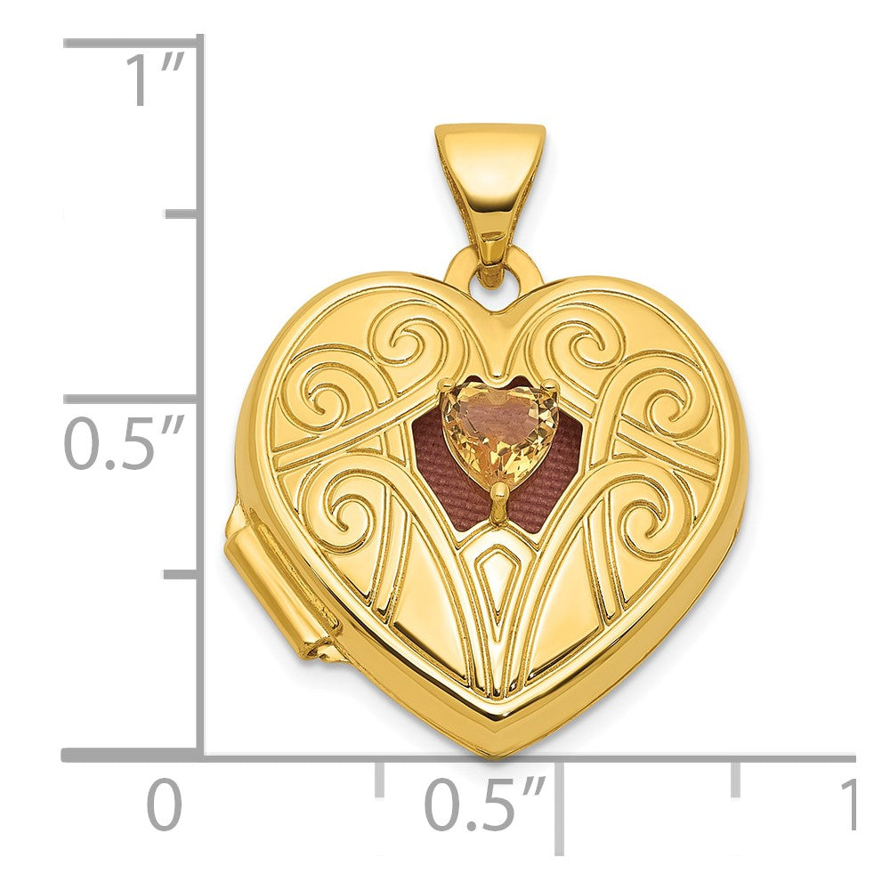 14K Yellow Gold Polished Citrine November Birthstone 18mm Heart Locket