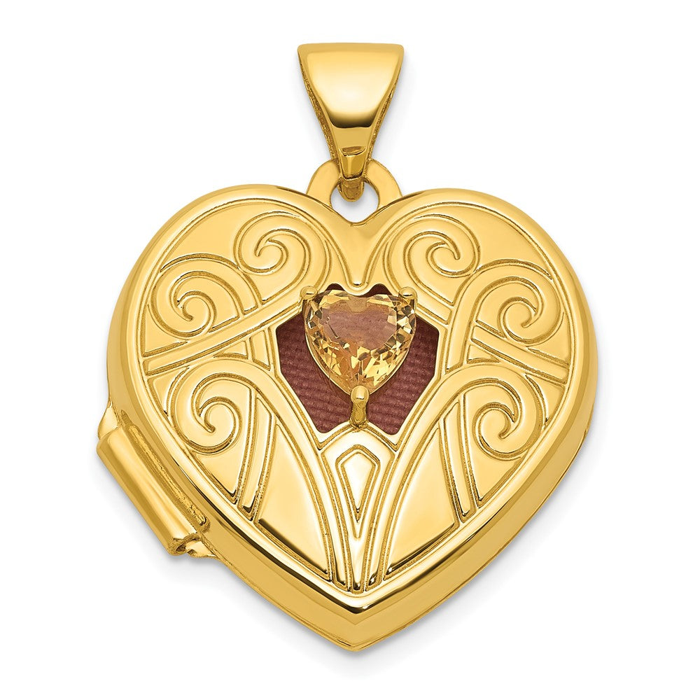 14K Yellow Gold Polished Citrine November Birthstone 18mm Heart Locket