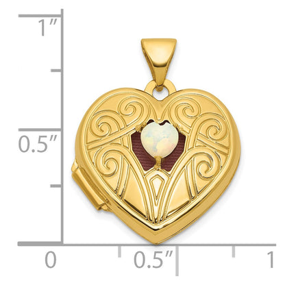 14K Yellow Gold Polished Opal October Birthstone 18mm Heart Locket
