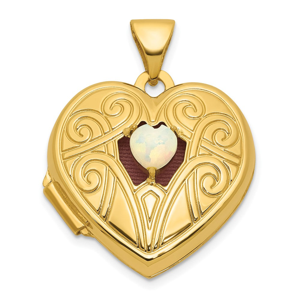 14K Yellow Gold Polished Opal October Birthstone 18mm Heart Locket