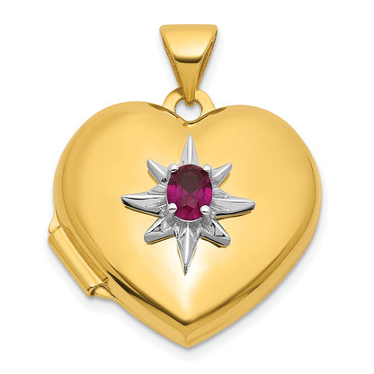14K Yellow & Rhodium and White Rhodium Polished Lab Created Ruby 18mm Heart Locket