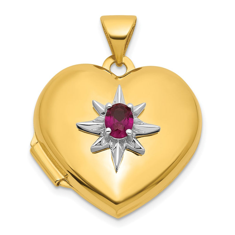 14K Yellow & Rhodium and White Rhodium Polished Lab Created Ruby 18mm Heart Locket