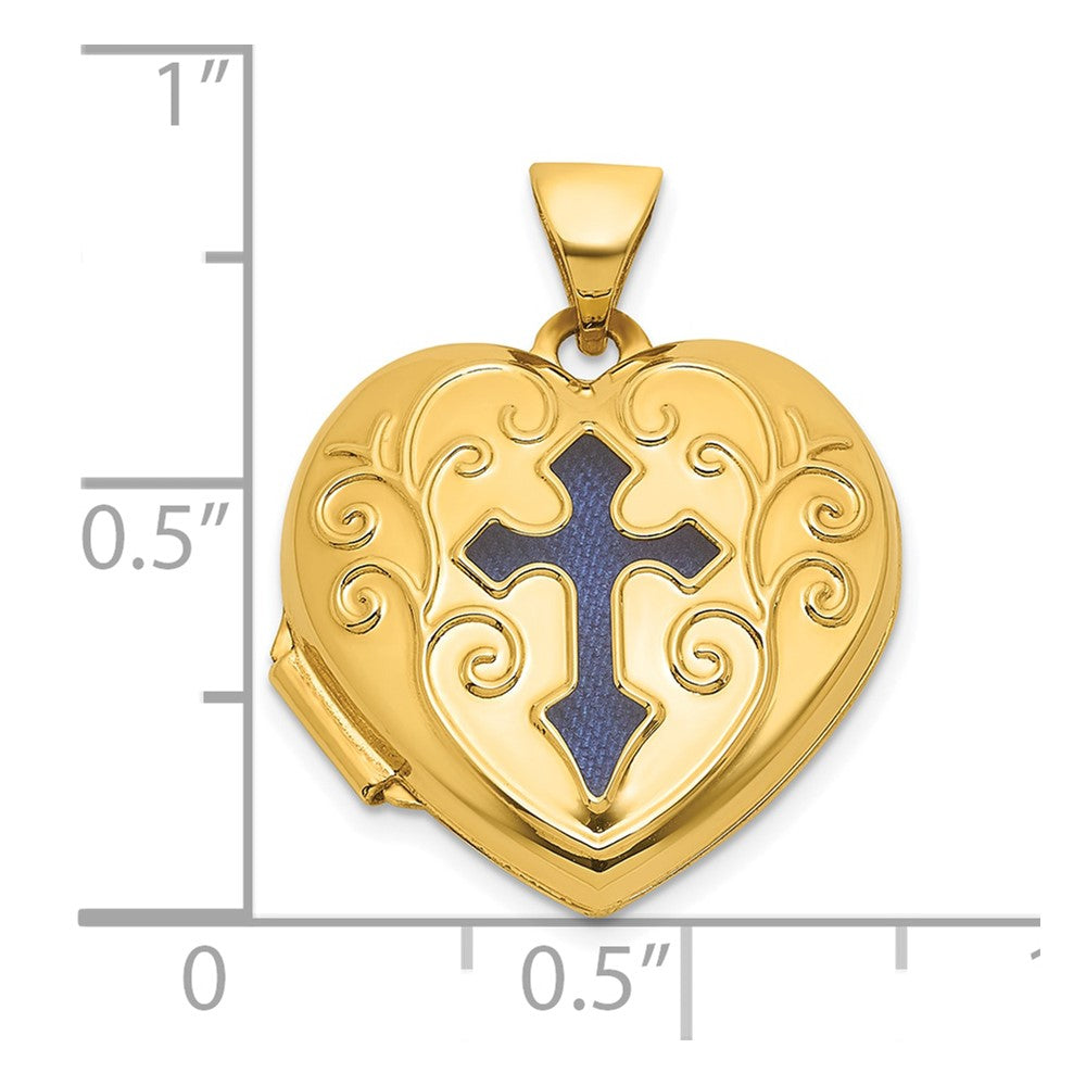 14K Yellow Gold Polished Blue Fabric Open Cross 18mm Heart Locket