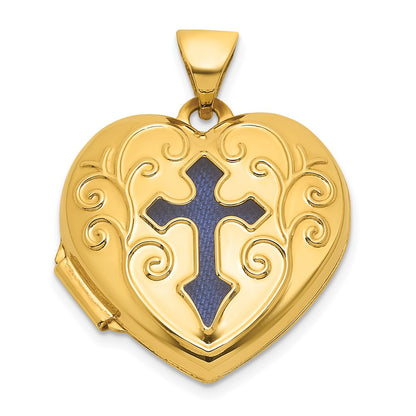 14K Yellow Gold Polished Blue Fabric Open Cross 18mm Heart Locket