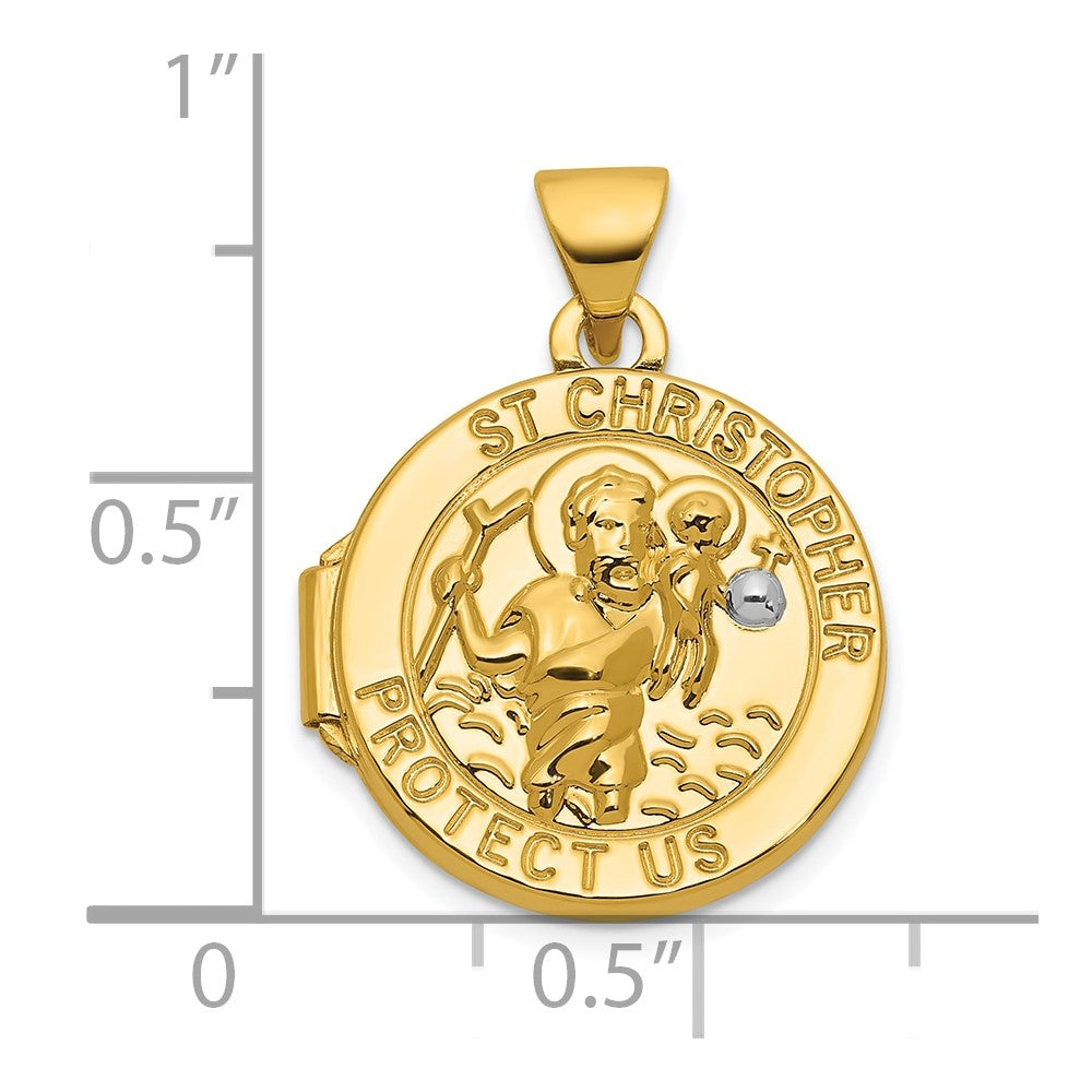 14K Yellow & Rhodium & Rhodium Polished St. Christopher Protect Us 16mm Round Locket