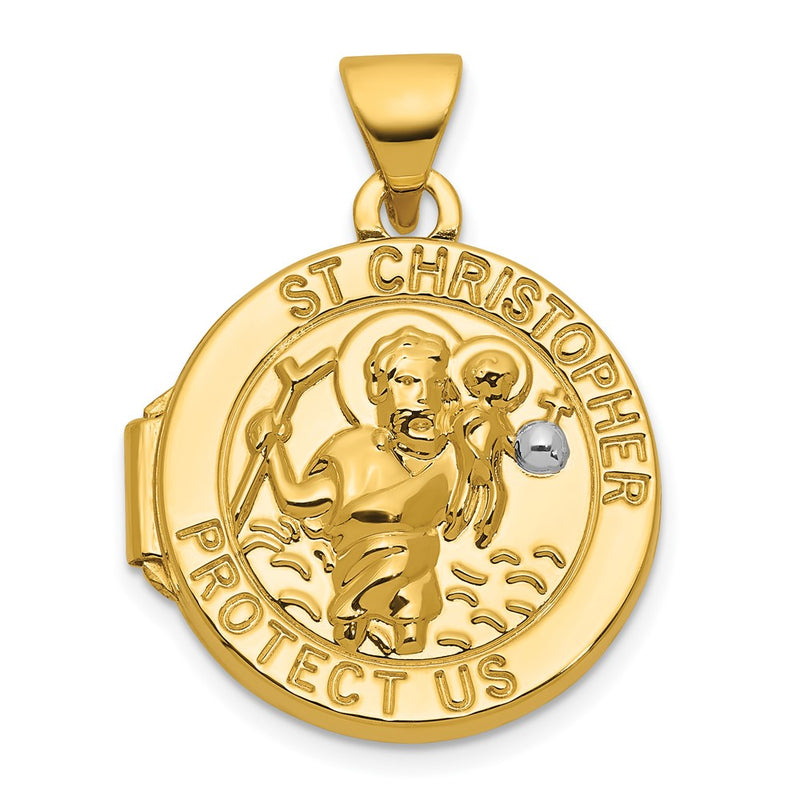 14K Yellow & Rhodium & Rhodium Polished St. Christopher Protect Us 16mm Round Locket