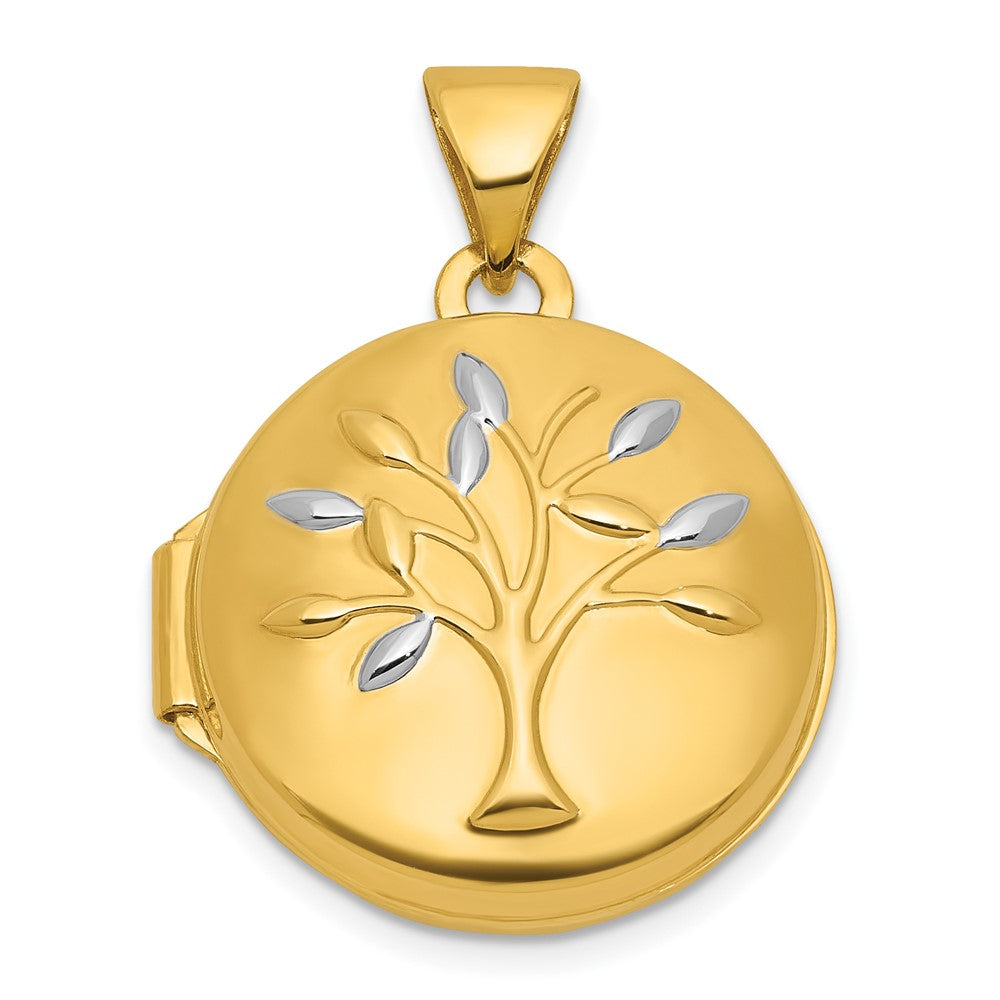 14K Yellow & Rhodium & Rhodium Polished Tree of Life 16mm Round Locket
