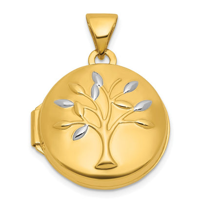 14K Yellow & Rhodium & Rhodium Polished Tree of Life 16mm Round Locket