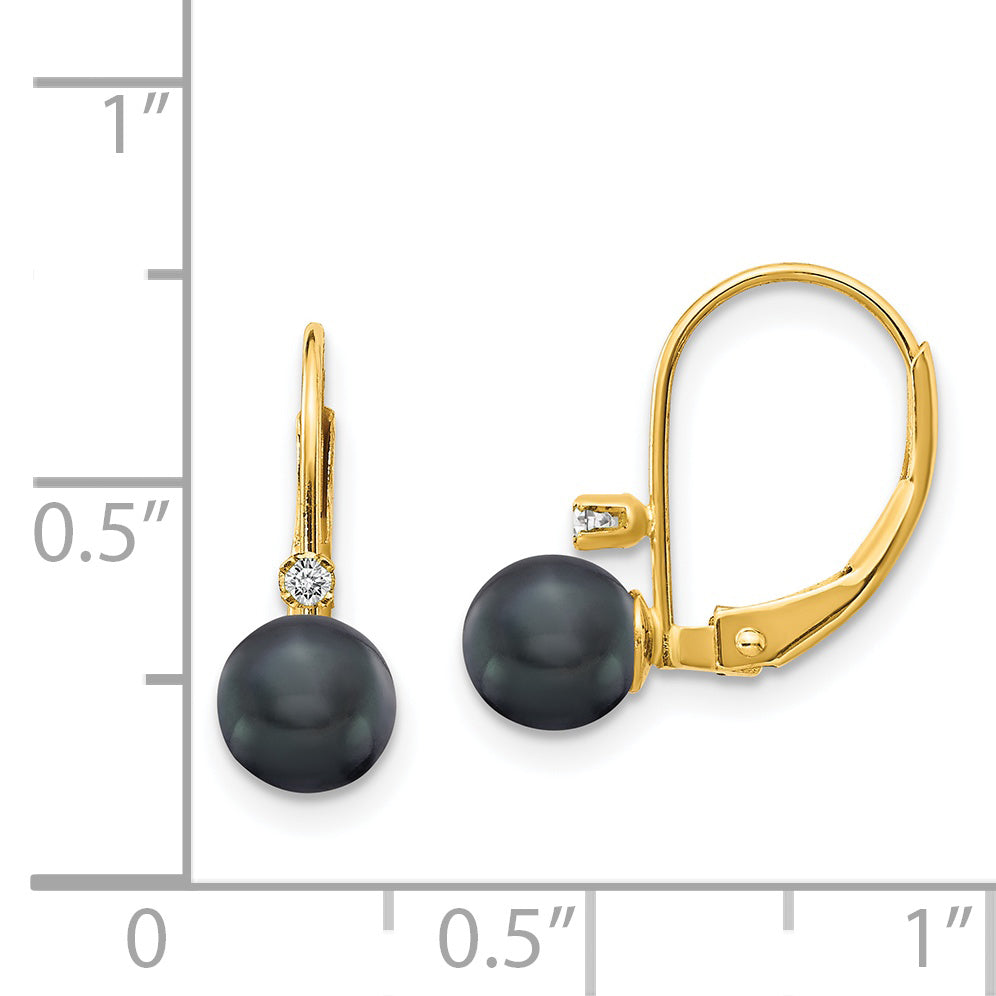 14K Yellow Gold 5 6mm Black Fw Cultured Pearl Aa Diamond Leverback Earrings