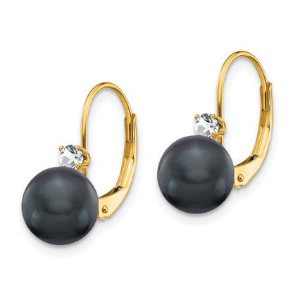 14k Yellow Gold 7-8mm Black FW Cultured Pearl AA Real Diamond Leverback Earrings
