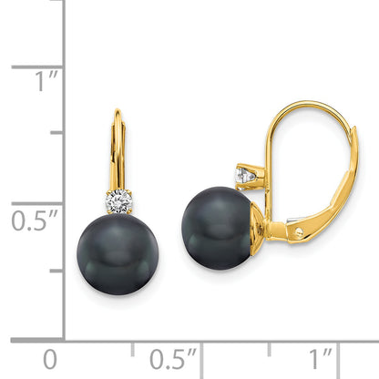 14k Yellow Gold 7-8mm Black FW Cultured Pearl AA Real Diamond Leverback Earrings
