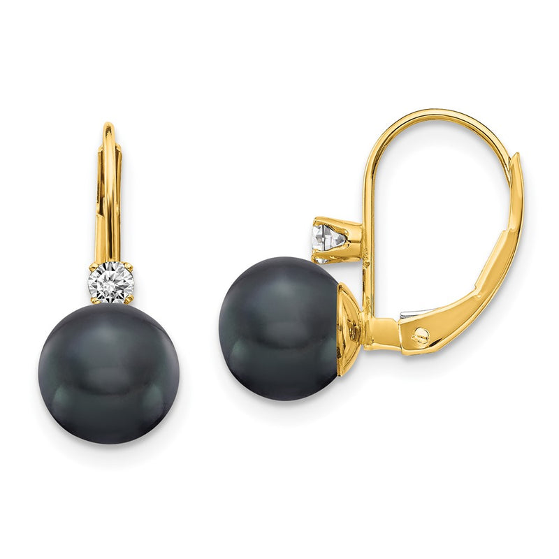 14k Yellow Gold 7-8mm Black FW Cultured Pearl AA Real Diamond Leverback Earrings