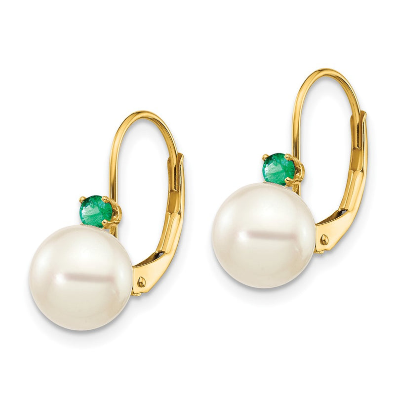 14K Yellow Gold 7 7.5mm White Round Fw Cultured Pearl Emerald Leverback Earrings