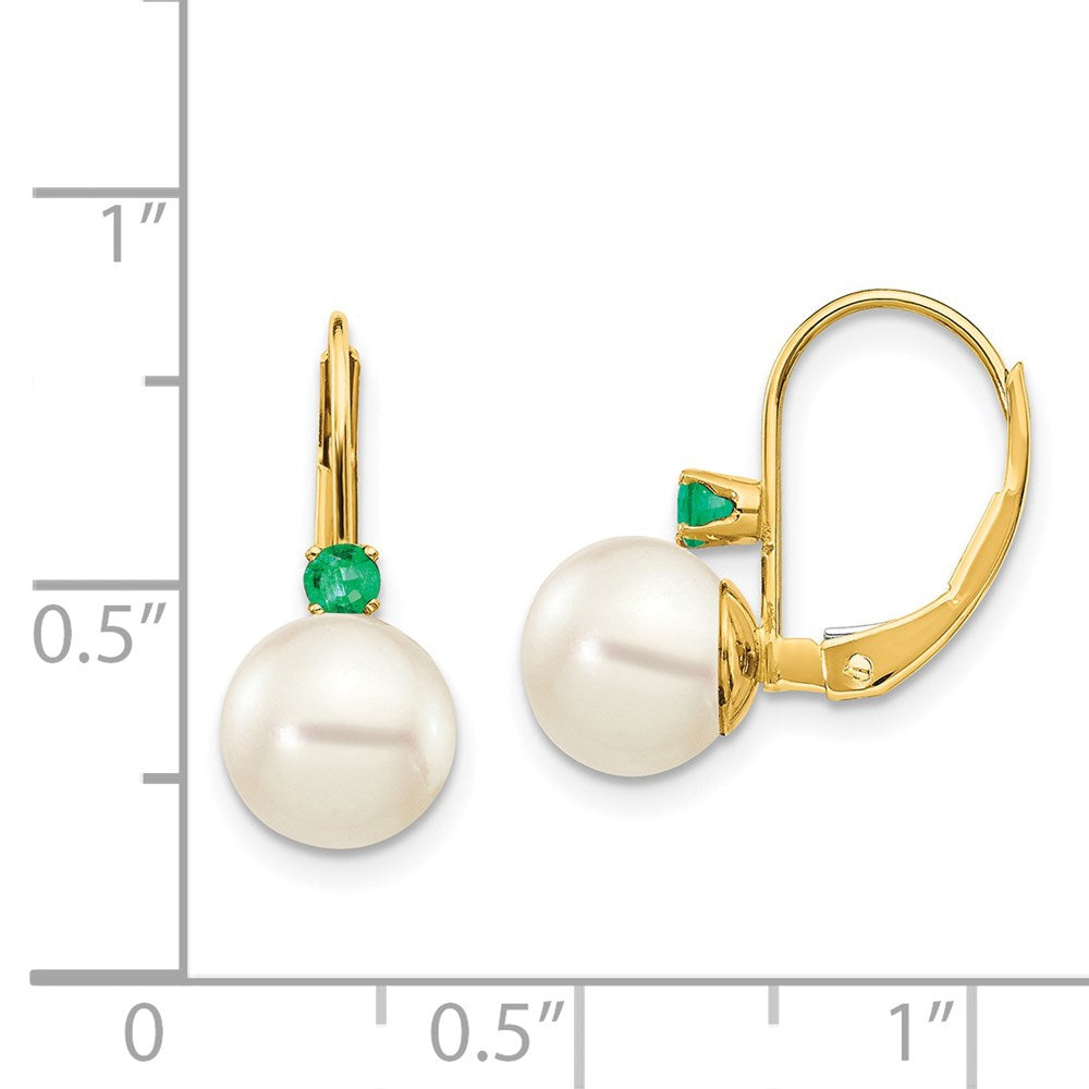 14K Yellow Gold 7 7.5mm White Round Fw Cultured Pearl Emerald Leverback Earrings
