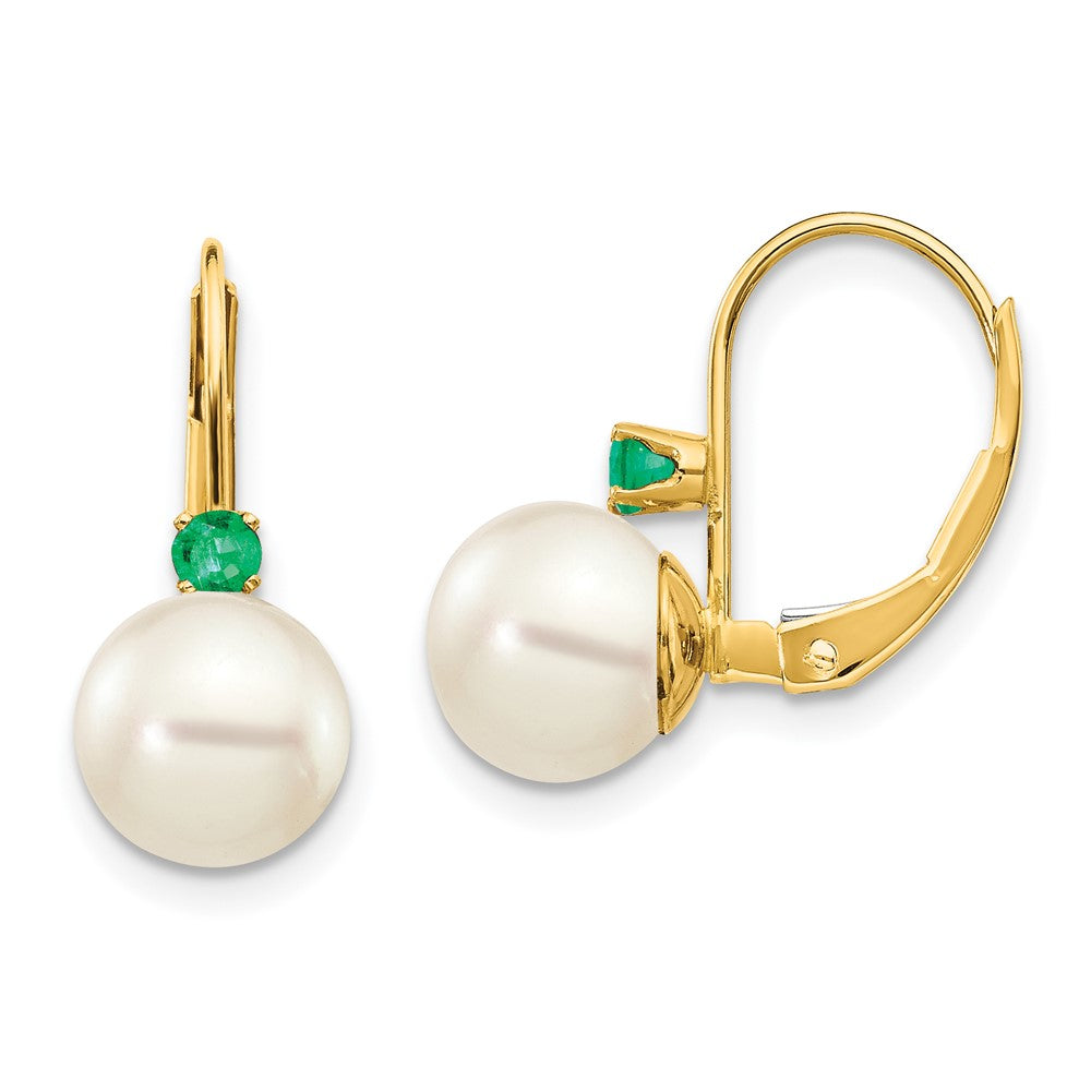 14K Yellow Gold 7 7.5mm White Round Fw Cultured Pearl Emerald Leverback Earrings