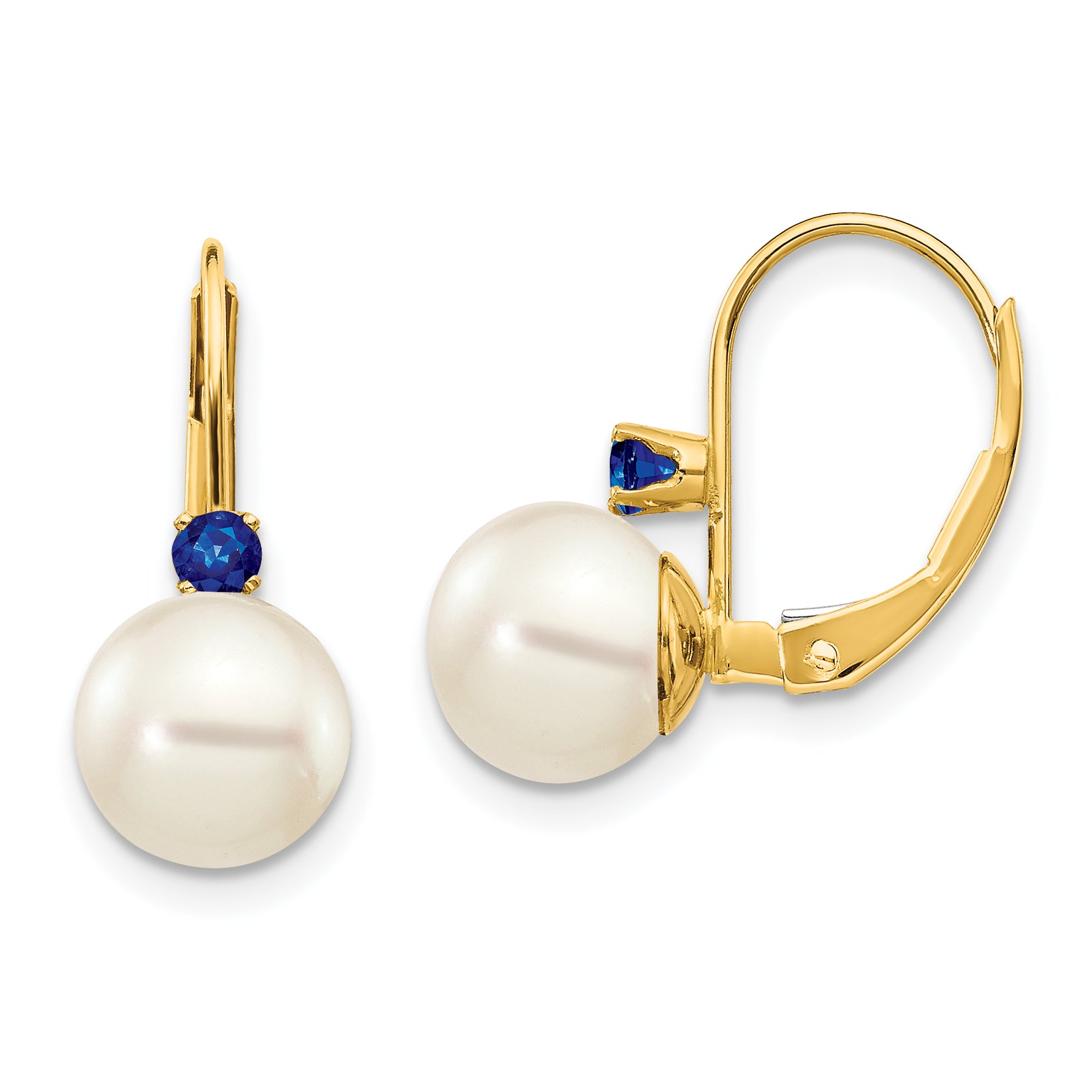 14K Yellow Gold 7 7.5mm White Round Fw Cultured Pearl Sapphire Leverback Earrings