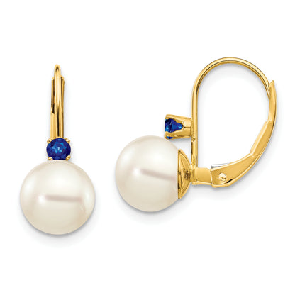 14K Yellow Gold 7 7.5mm White Round Fw Cultured Pearl Sapphire Leverback Earrings
