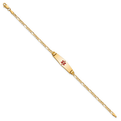 14K Yellow Gold Medical Solid Chain/Solid Plate 24X7mm Soft Diamond Shape Centered Red Enamel Figaro Link 7 Inch Id Bracelet