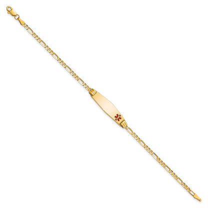 14K Yellow Gold Medical Solid Chain/Solid Plate 26X7mm Soft Diamond Shape Off Center Red Enamel Figaro Link 8 Inch Id Bracelet