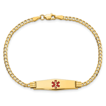 14K Yellow Gold Medical Solid Chain/Solid Plate 24X7mm Soft Diamond Shape Centered Red Enamel Curb Link 7 Inch Id Bracelet