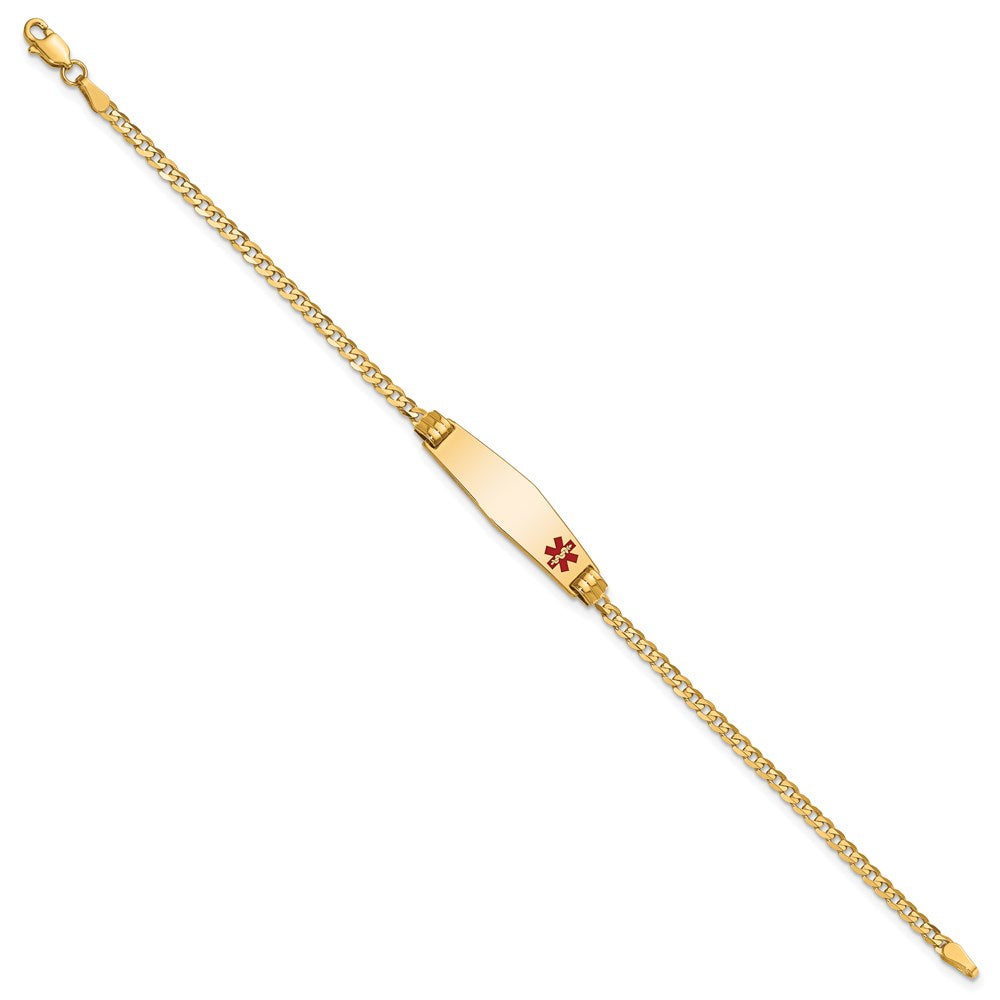 14K Yellow Gold Medical Solid Chain/Solid Plate 26X7mm Soft Diamond Shape Off Center Red Enamel Curb Link 7 Inch Id Bracelet
