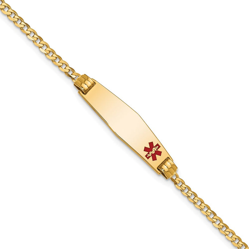 14K Yellow Gold Medical Solid Chain/Solid Plate 26X7mm Soft Diamond Shape Off Center Red Enamel Curb Link 7 Inch Id Bracelet