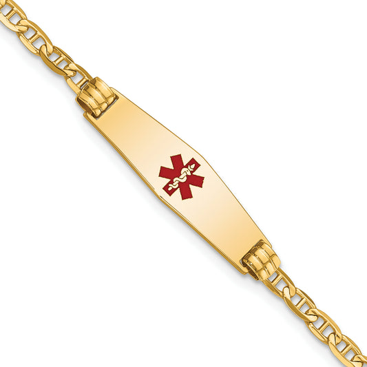 14K Yellow Gold Medical Solid Chain/Solid Plate 25X7mm Soft Diamond Shape Centered Red Enamel Anchor Link 7 Inch Id Bracelet