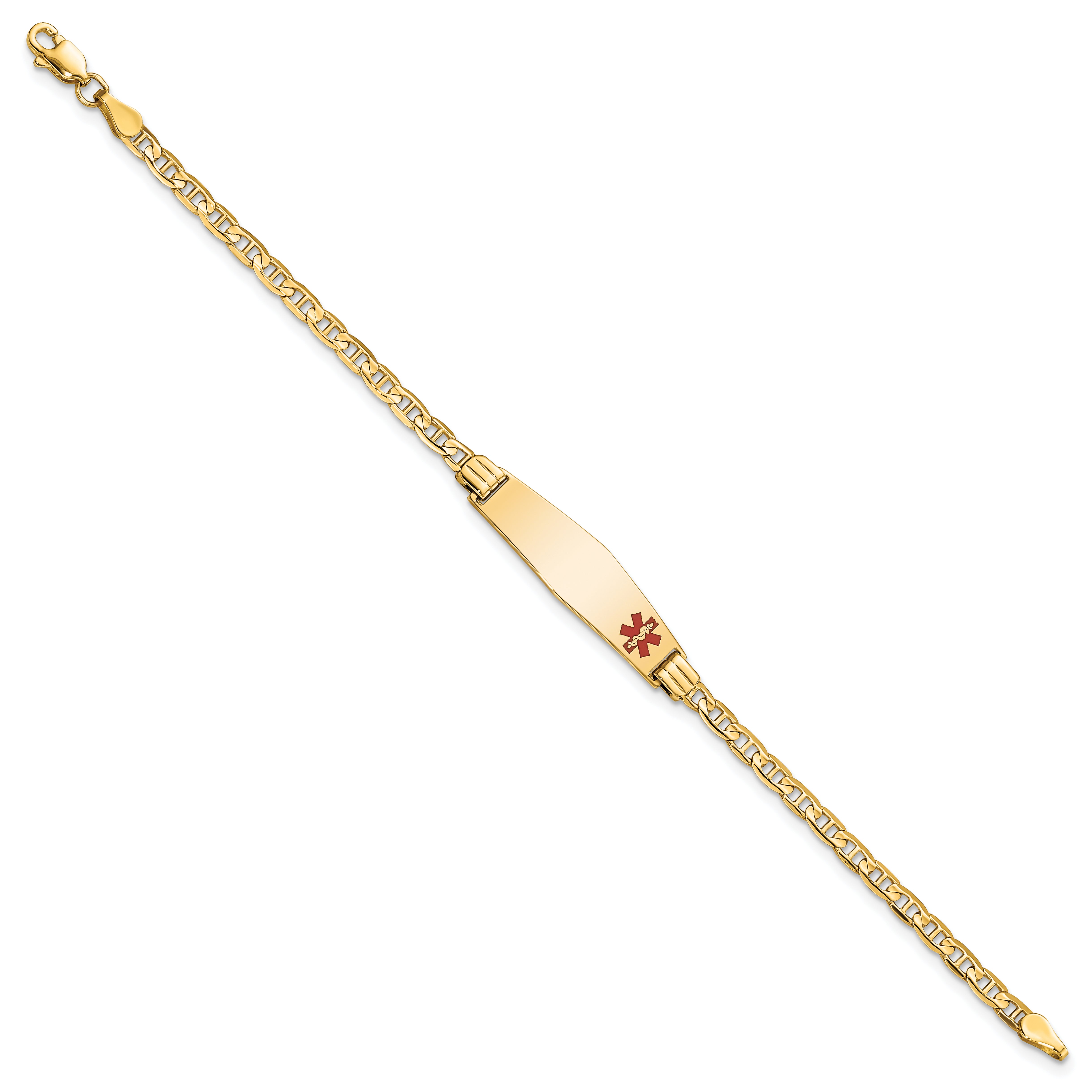 14K Yellow Gold Medical Solid Chain/Solid Plate 26X7mm Soft Diamond Shape Off Center Red Enamel Anchor Link 6 Inch Baby/Child Id Bracelet
