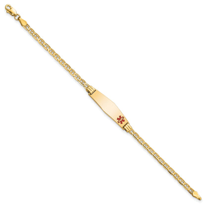14K Yellow Gold Medical Solid Chain/Solid Plate 26X7mm Soft Diamond Shape Off Center Red Enamel Anchor Link 6 Inch Baby/Child Id Bracelet