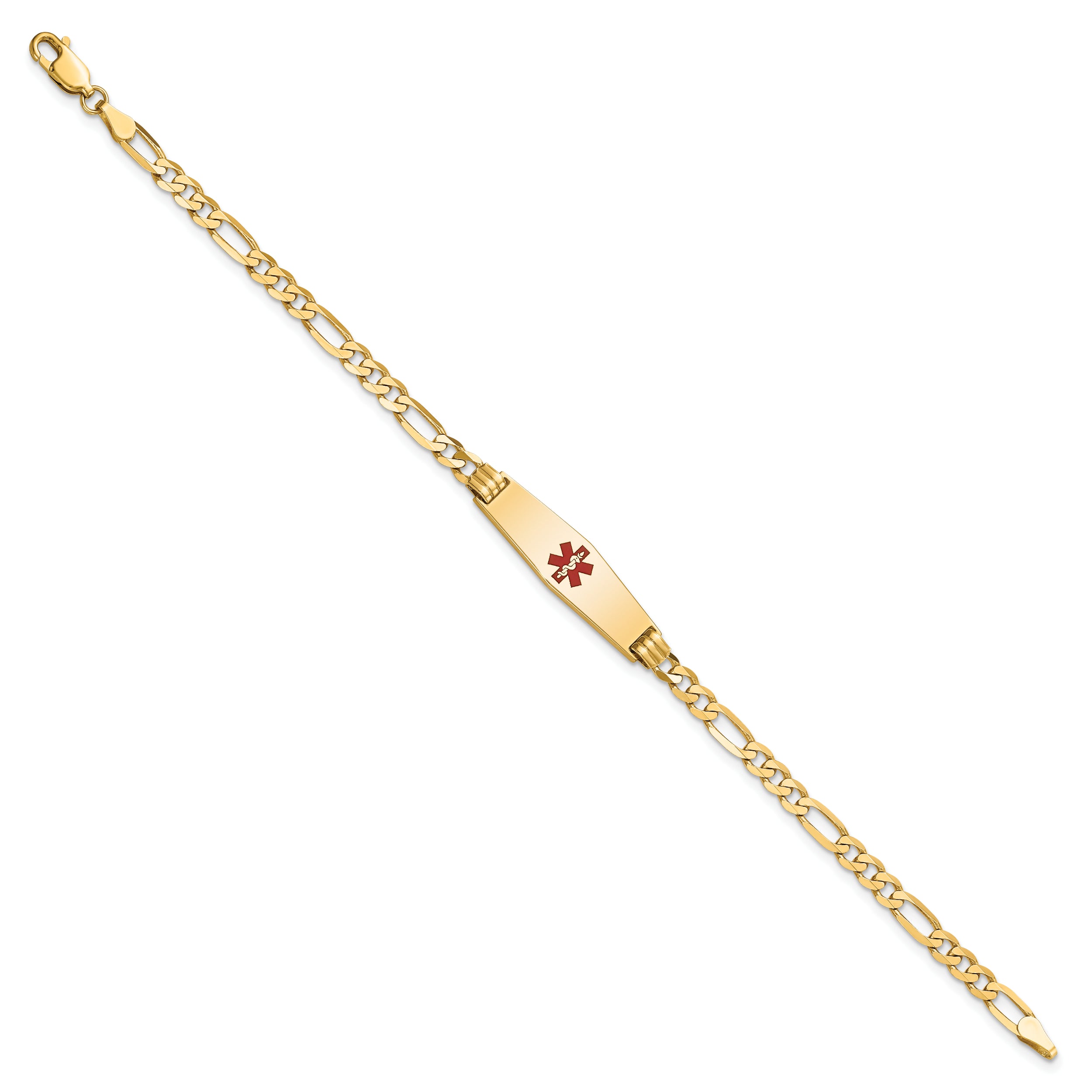 14K Yellow Gold Medical Solid Chain/Solid Plate 24X7mm Soft Diamond Shape Centered Red Enamel Figaro Link 7 Inch Id Bracelet