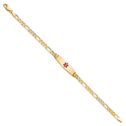 14K Yellow Gold Medical Solid Chain/Solid Plate 24X7mm Soft Diamond Shape Centered Red Enamel Figaro Link 7 Inch Id Bracelet