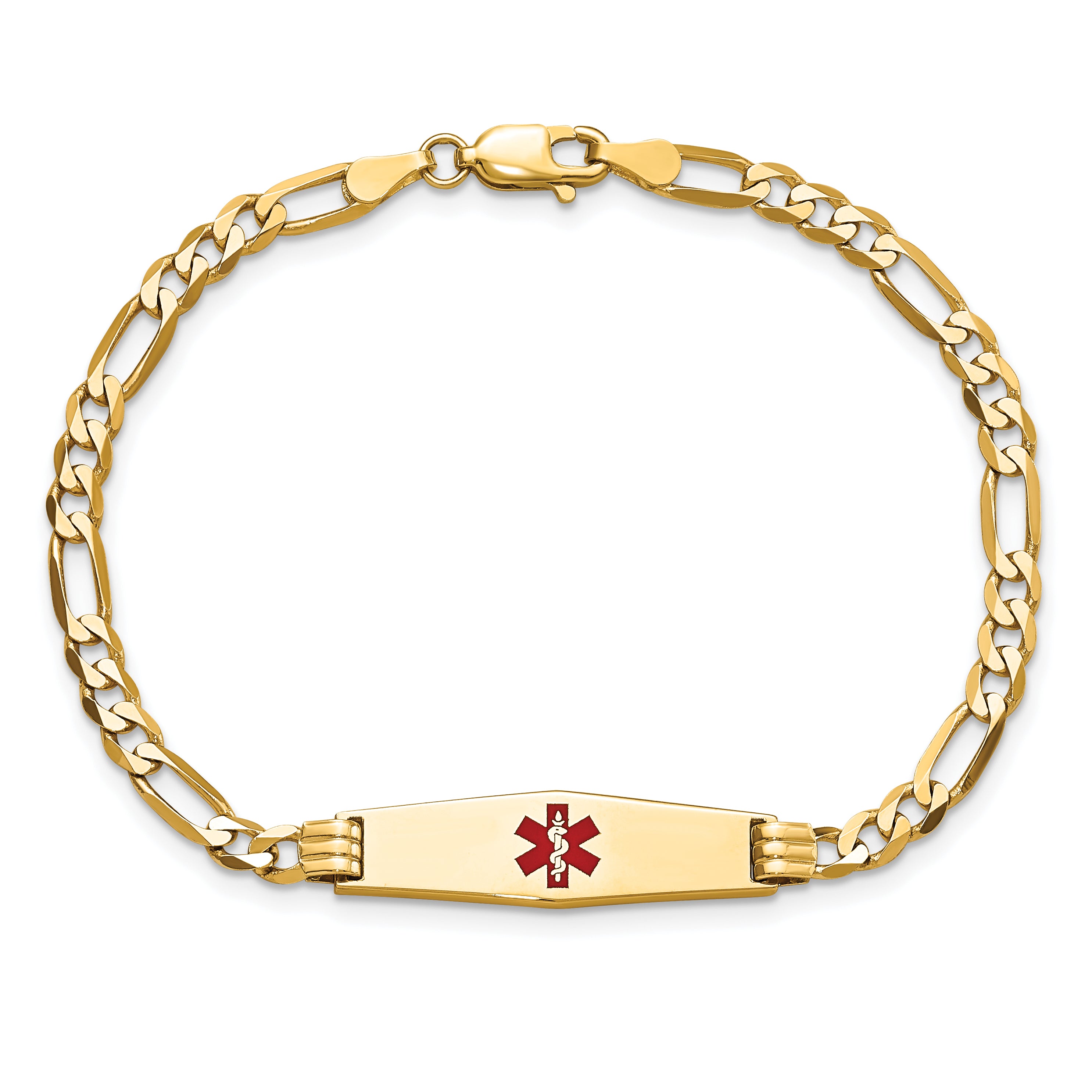 14K Yellow Gold Medical Solid Chain/Solid Plate 24X7mm Soft Diamond Shape Centered Red Enamel Figaro Link 7 Inch Id Bracelet