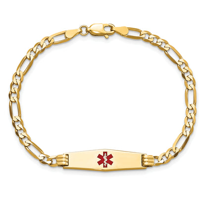 14K Yellow Gold Medical Solid Chain/Solid Plate 24X7mm Soft Diamond Shape Centered Red Enamel Figaro Link 7 Inch Id Bracelet