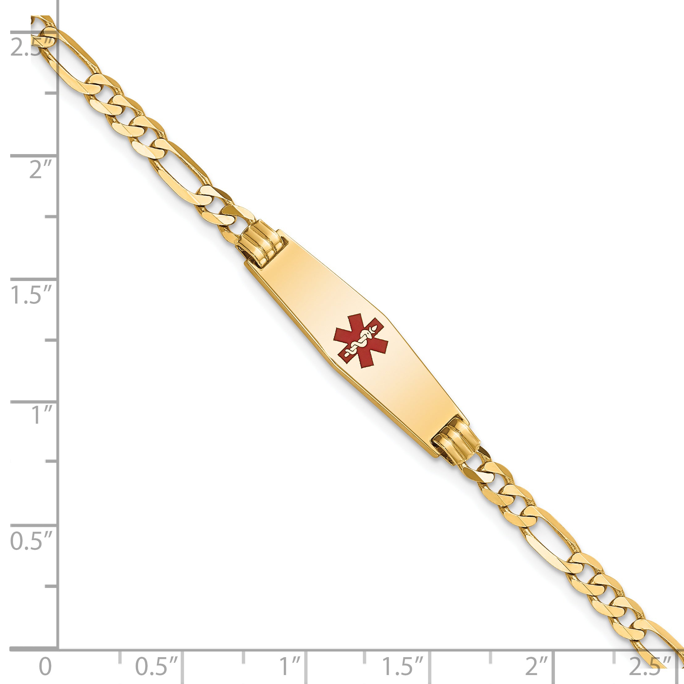 14K Yellow Gold Medical Solid Chain/Solid Plate 24X7mm Soft Diamond Shape Centered Red Enamel Figaro Link 7 Inch Id Bracelet