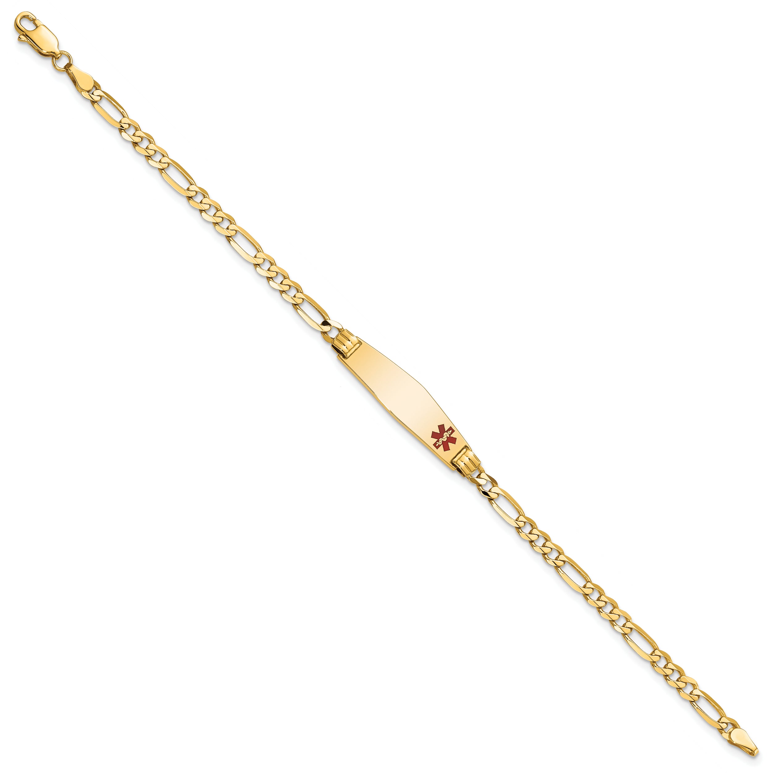 14K Yellow Gold Medical Solid Chain/Solid Plate 26X7mm Soft Diamond Shape Off Center Red Enamel Figaro Link 7 Inch Id Bracelet