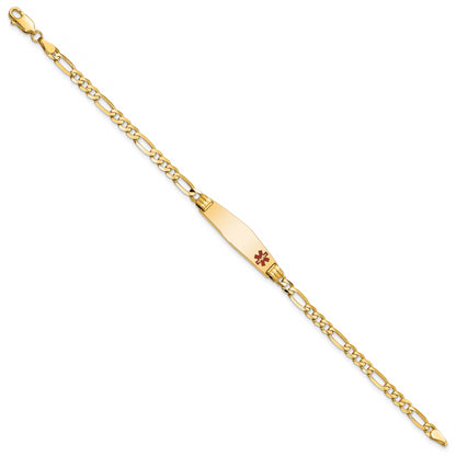 14K Yellow Gold Medical Solid Chain/Solid Plate 26X7mm Soft Diamond Shape Off Center Red Enamel Figaro Link 7 Inch Id Bracelet