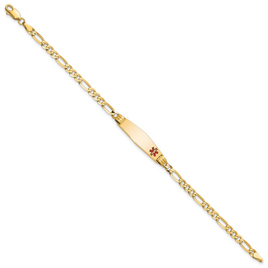 14K Yellow Gold Medical Solid Chain/Solid Plate 26X7mm Soft Diamond Shape Off Center Red Enamel Figaro Link 7 Inch Id Bracelet