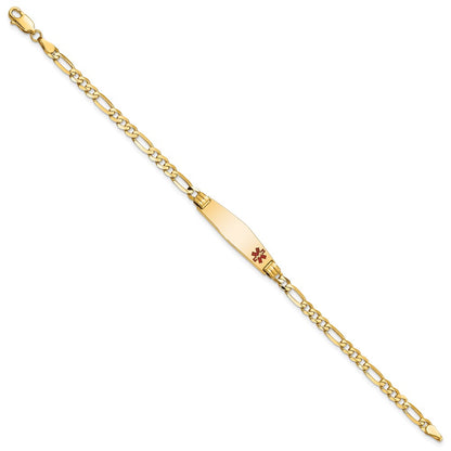 14K Yellow Gold Medical Solid Chain/Solid Plate 26X7mm Soft Diamond Shape Off Center Red Enamel Figaro Link 8 Inch Id Bracelet